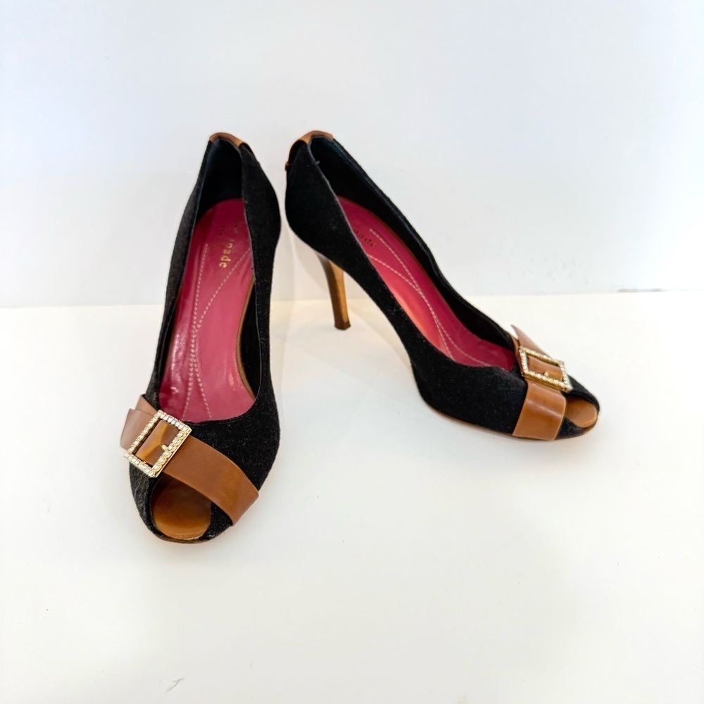 Kate Spade Black Felt Fabric Leather Rhinestone Office Open Toe Heels Size 6 B